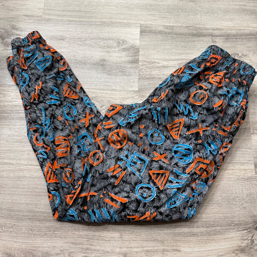 Vintage Smart Abstract Geometric Print Joggers 90s Streetwear Grey Blue Orange